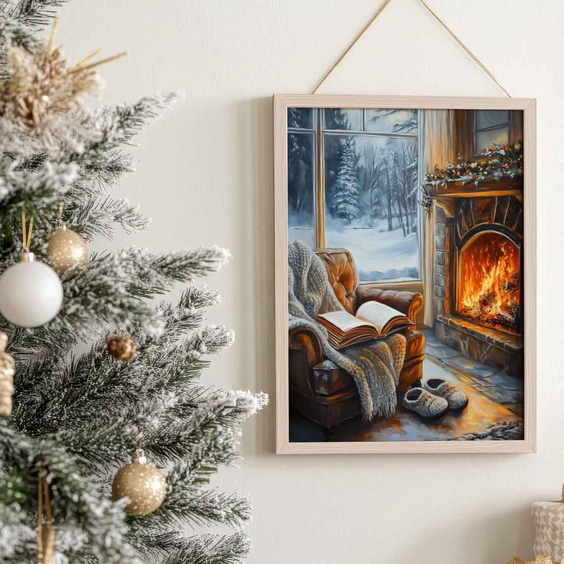 Cozy Reading Nook by Fireplace With Snowy Window View Poster - Image 6