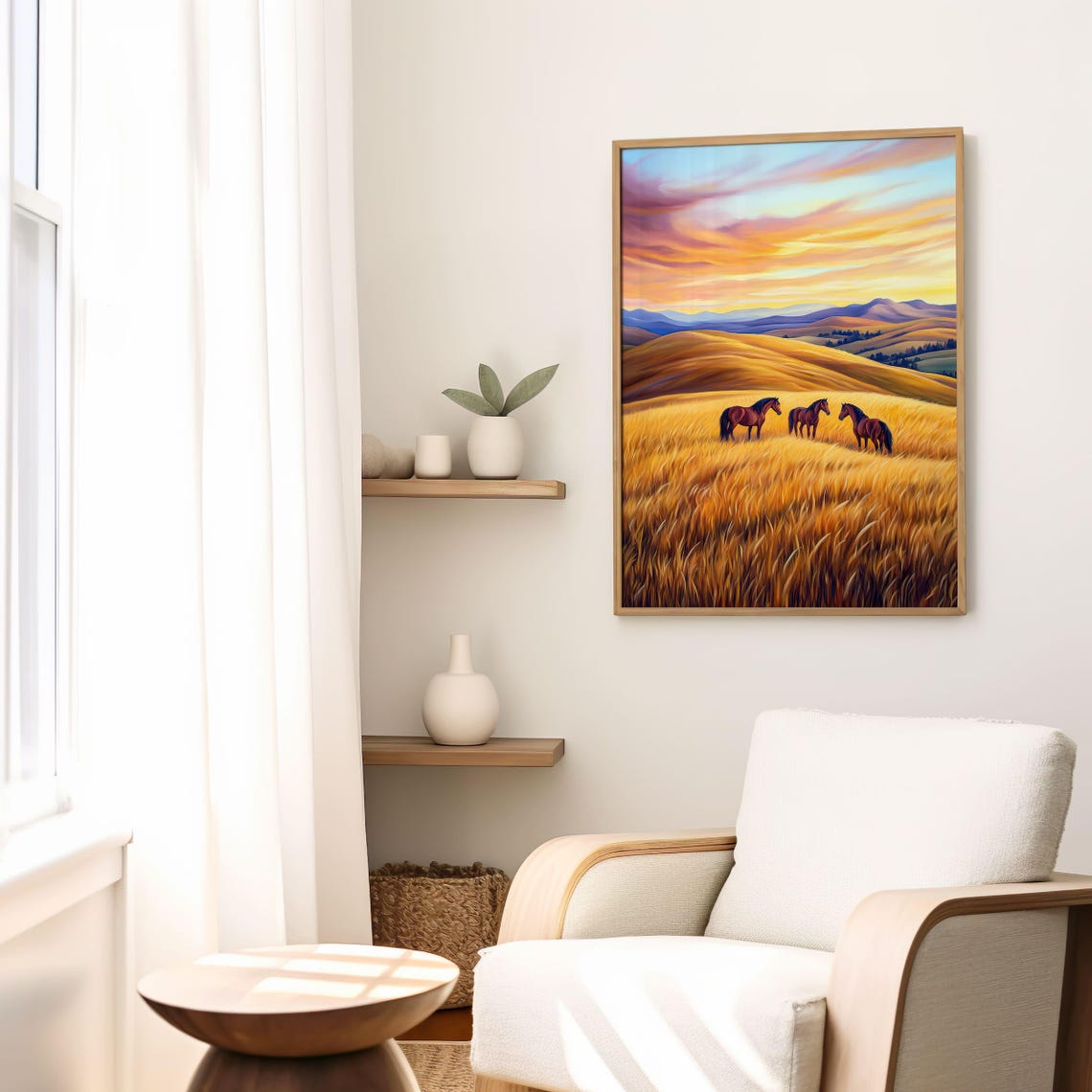 Three Wild Horses in Golden Sunset Prairie Wheat Field Poster - Image 5