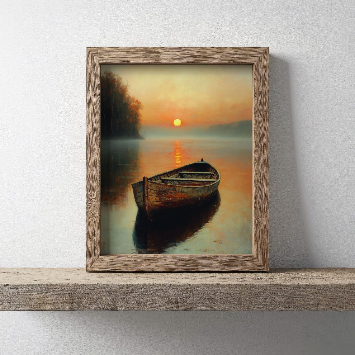Rustic Boat At Sunset, Lake Reflection Art Print - Image 2