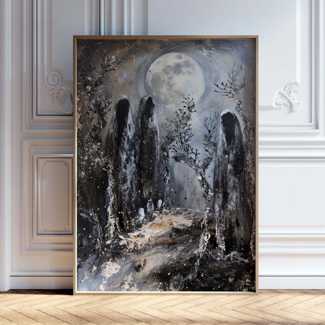 Ghosts Among Dead Trees Under Full Moon Gothic Night Art Poster