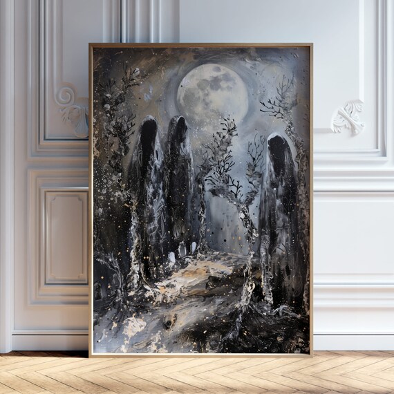 Ghosts Among Dead Trees Under Full Moon Gothic Night Art Poster