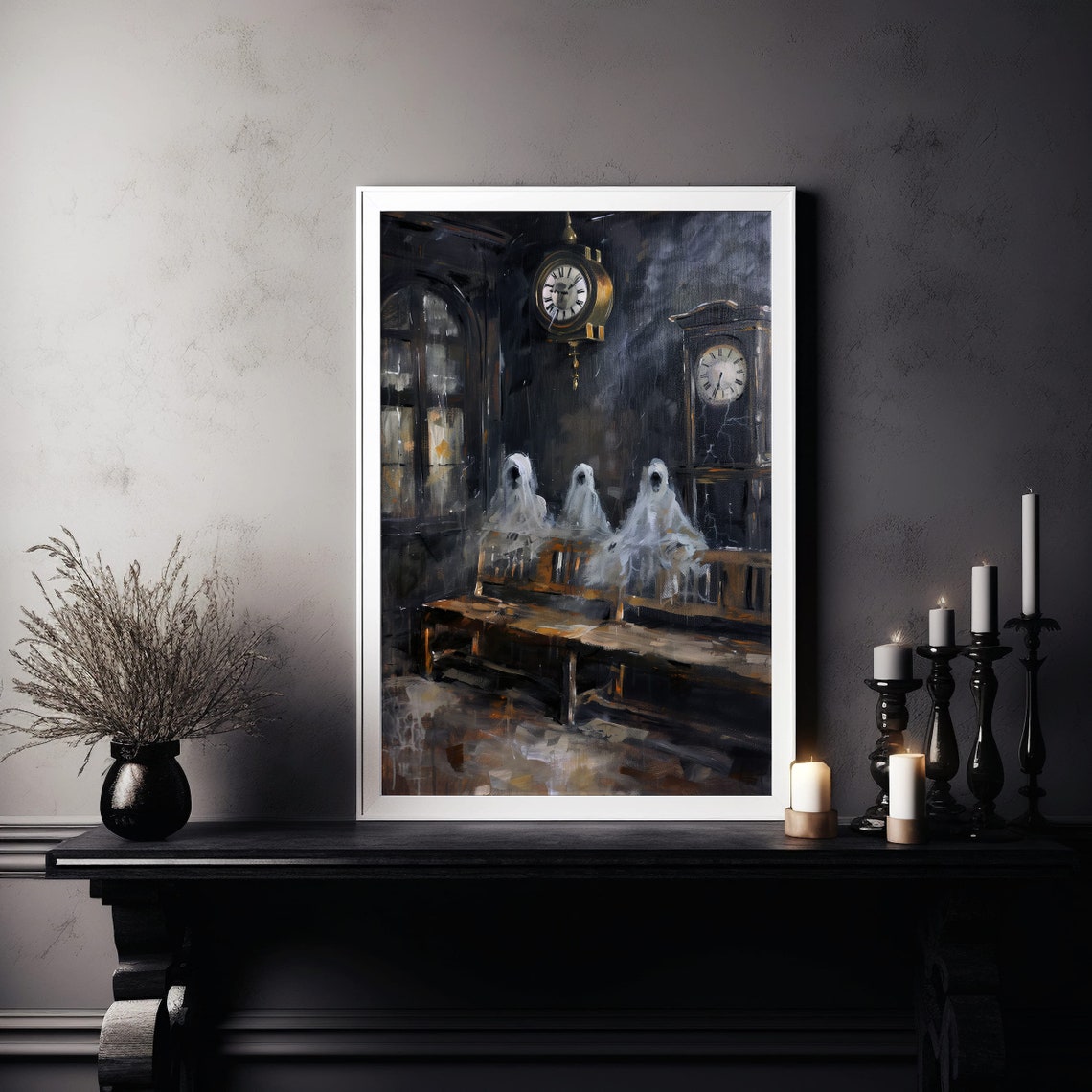 Three Ghosts in Old Waiting Room Clock Dark Gothic Art Poster - Image 6