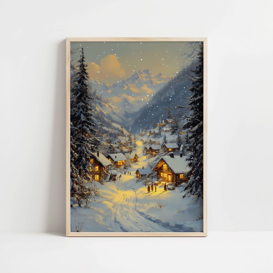 Snowy Village at Dusk with Glowing Cabins Winter Mountain Scene Poster - Image 8
