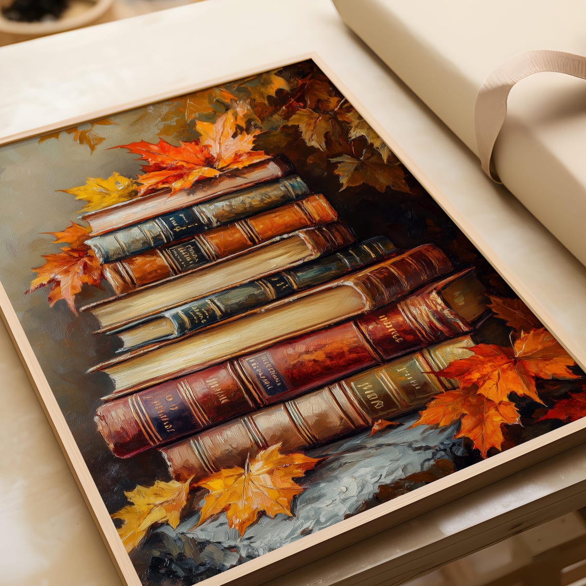 Vintage Stack of Antique Books With Autumn Maple Leaves Poster - Image 6
