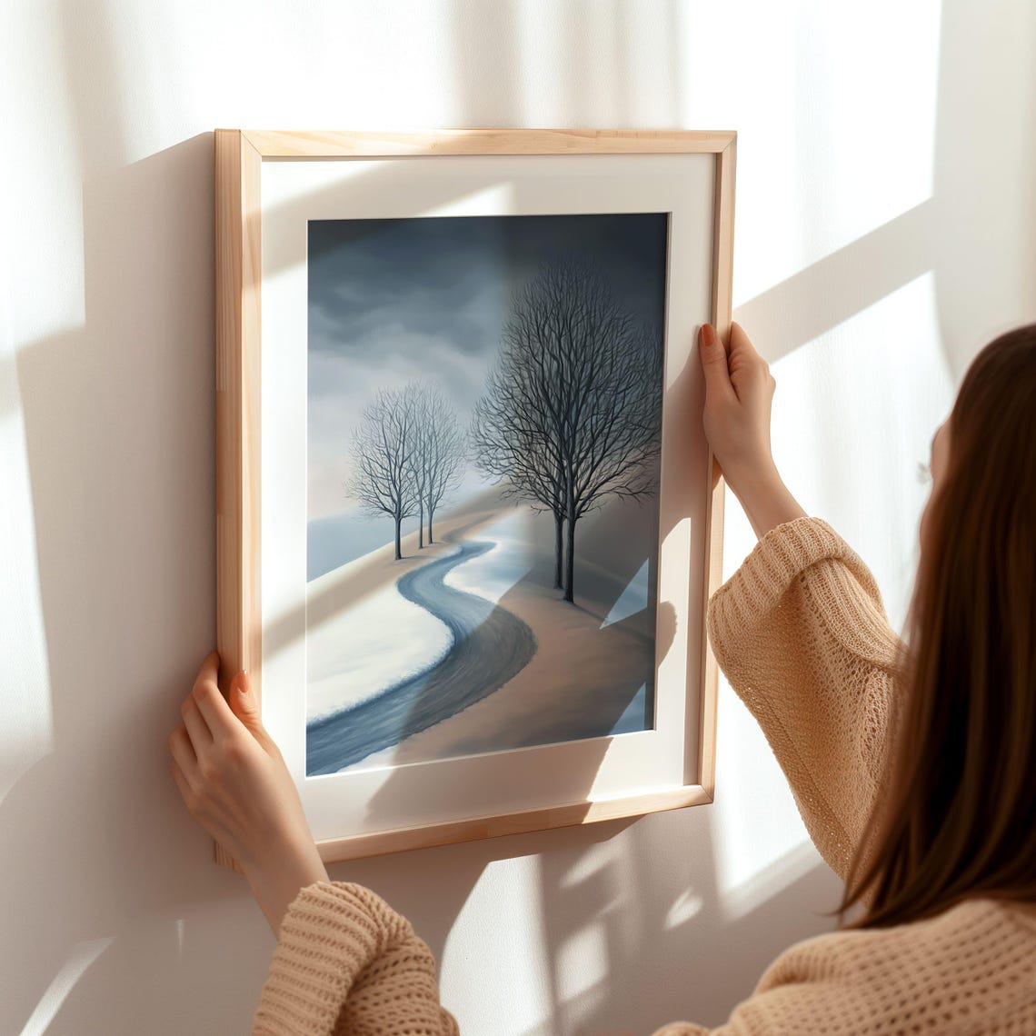 Minimalist Winding Winter Road Through Snowy Bare Trees Poster - Image 4