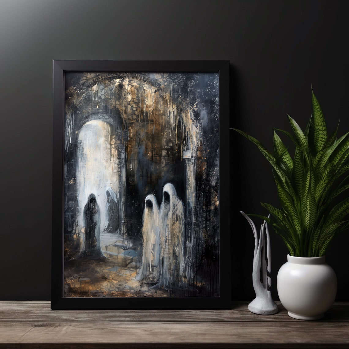 Hooded Ghosts in a Dark Stone Archway Gothic Painting Art Poster - Image 2