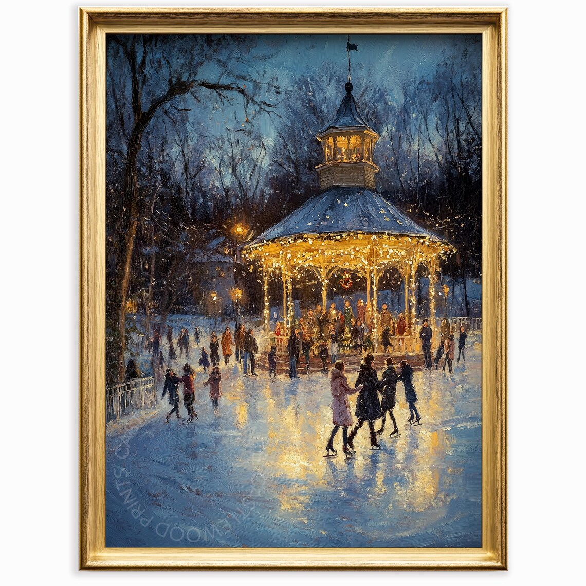 Night Ice Skating Lit Gazebo Families Festive Winter Painting Poster
