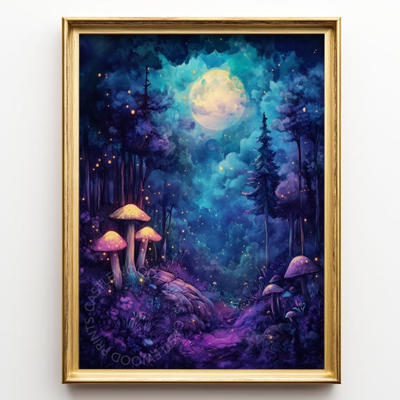 Mystical Forest Under Full Moon Enchanted Night Scene Art Glowing Mushrooms Dreamy Moonlit Landscape Decor 176