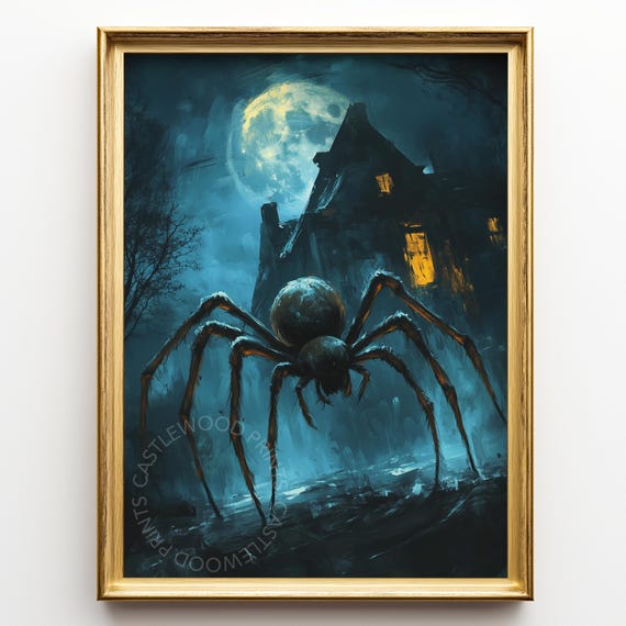 Haunted House With Giant Spider Spooky Halloween Art Gothic Night Scene Dark Decor Creepy Wall 191