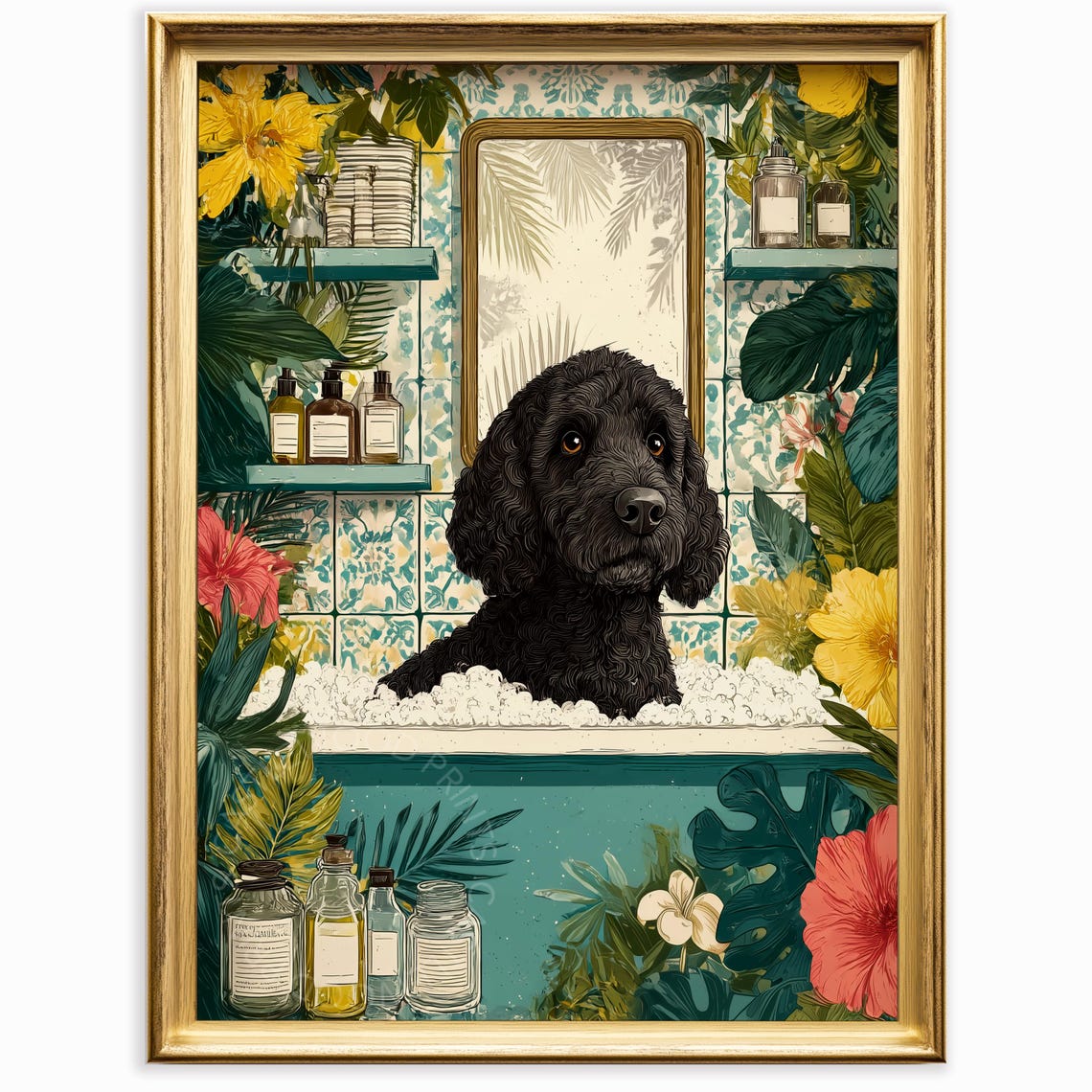 Playful Black Dog in a Bubble Bath Poster Tropical Bathroom Fun Art
