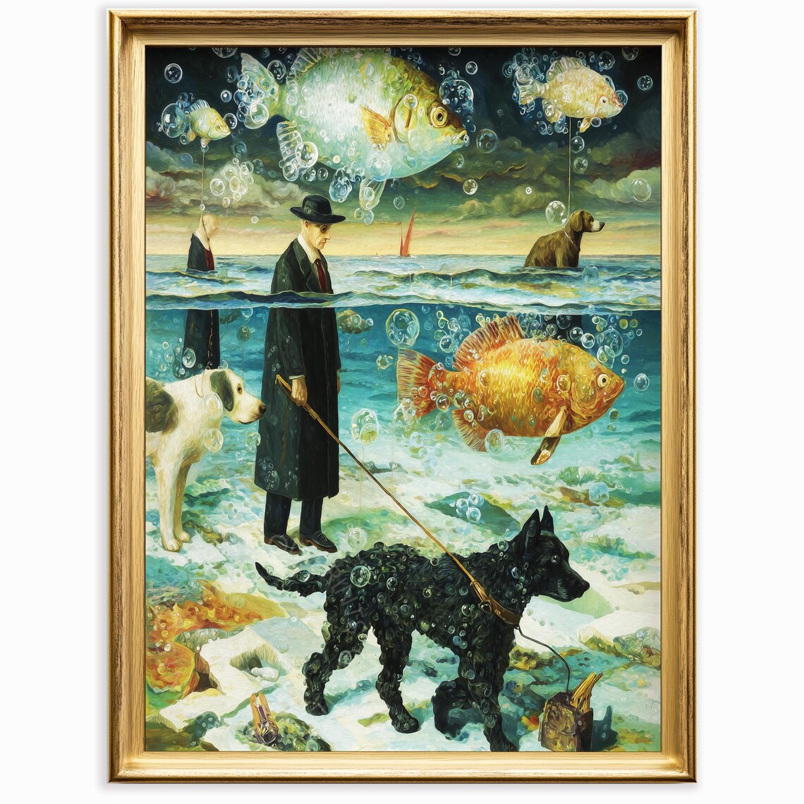 Surreal Underwater Dog Walk Art Poster with Giant Fish and Bubbles
