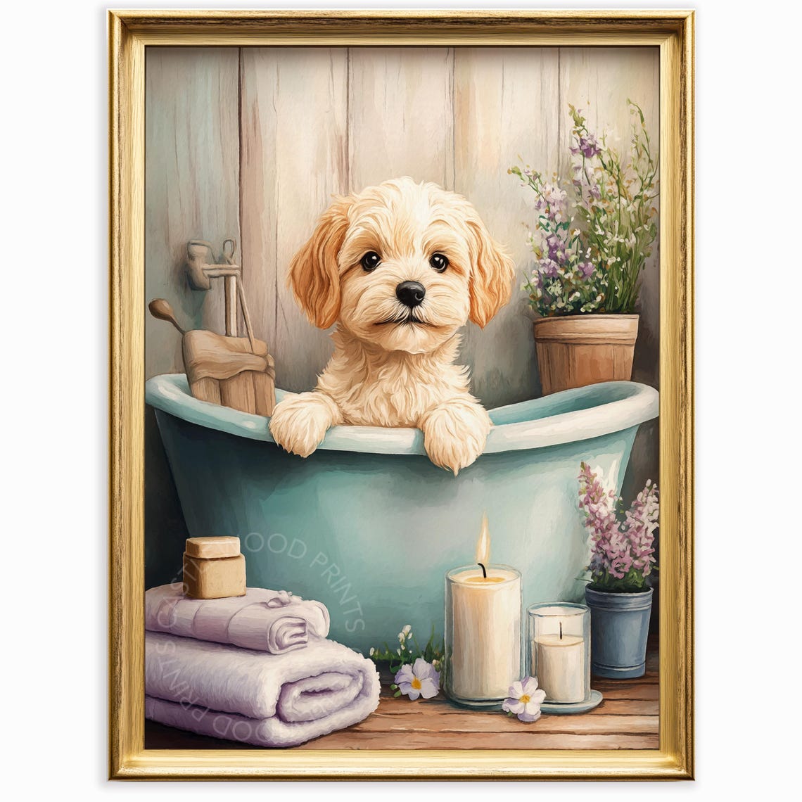 Cute Puppy in a Vintage Bathtub Poster Rustic Cottage Bathroom Decor