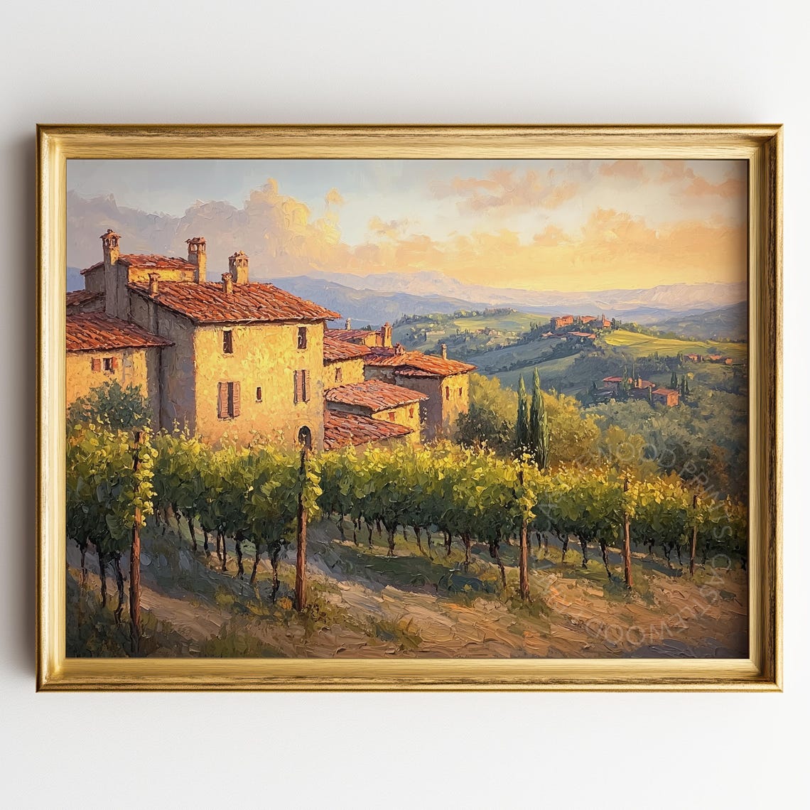 Tuscany Vineyard at Sunset With Stone Farmhouse Oil Painting Poster