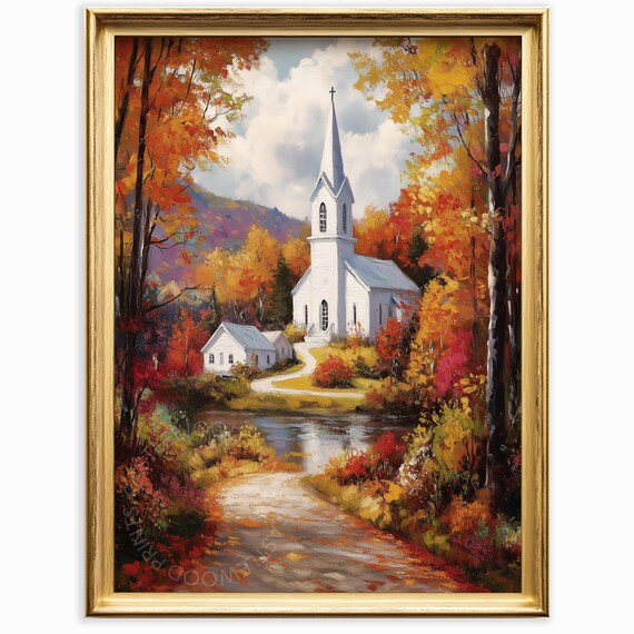 White Chapel in Autumn Woods Fall Foliage Oil Painting Style Poster