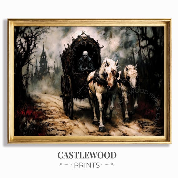 Gothic Carriage With Grim Reaper Vintage Dark Art Eerie Landscape Spooky Forest Scene Halloween Decor Wall Print 1097