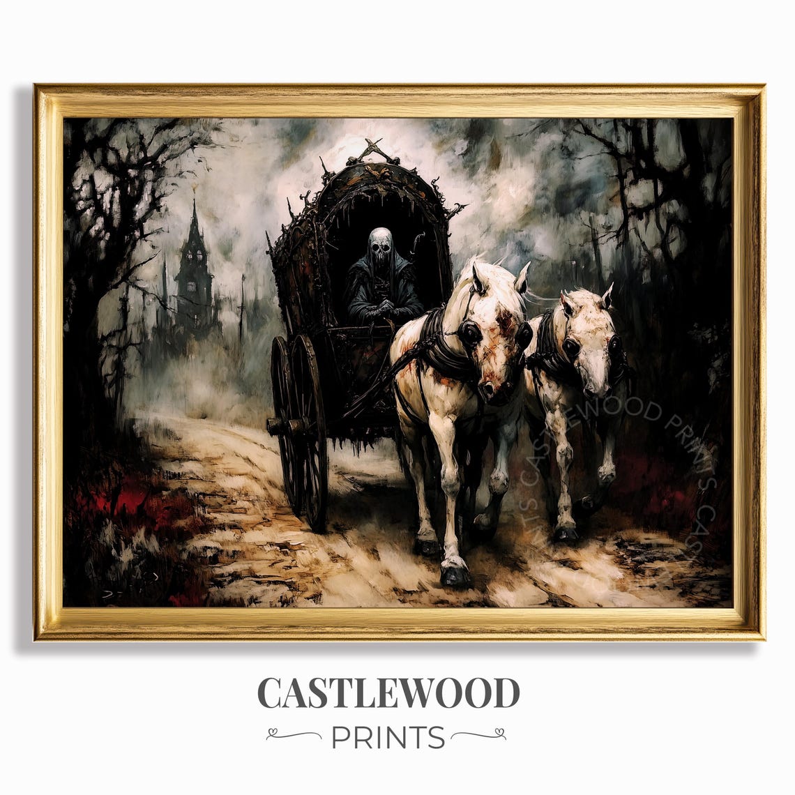 Gothic Carriage With Grim Reaper Vintage Dark Art Eerie Landscape Spooky Forest Scene Halloween Decor Wall Print 1097