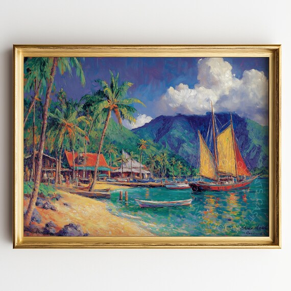 Tropical Palm Beach Harbor With Tall Ship Sails Ocean Art Poster