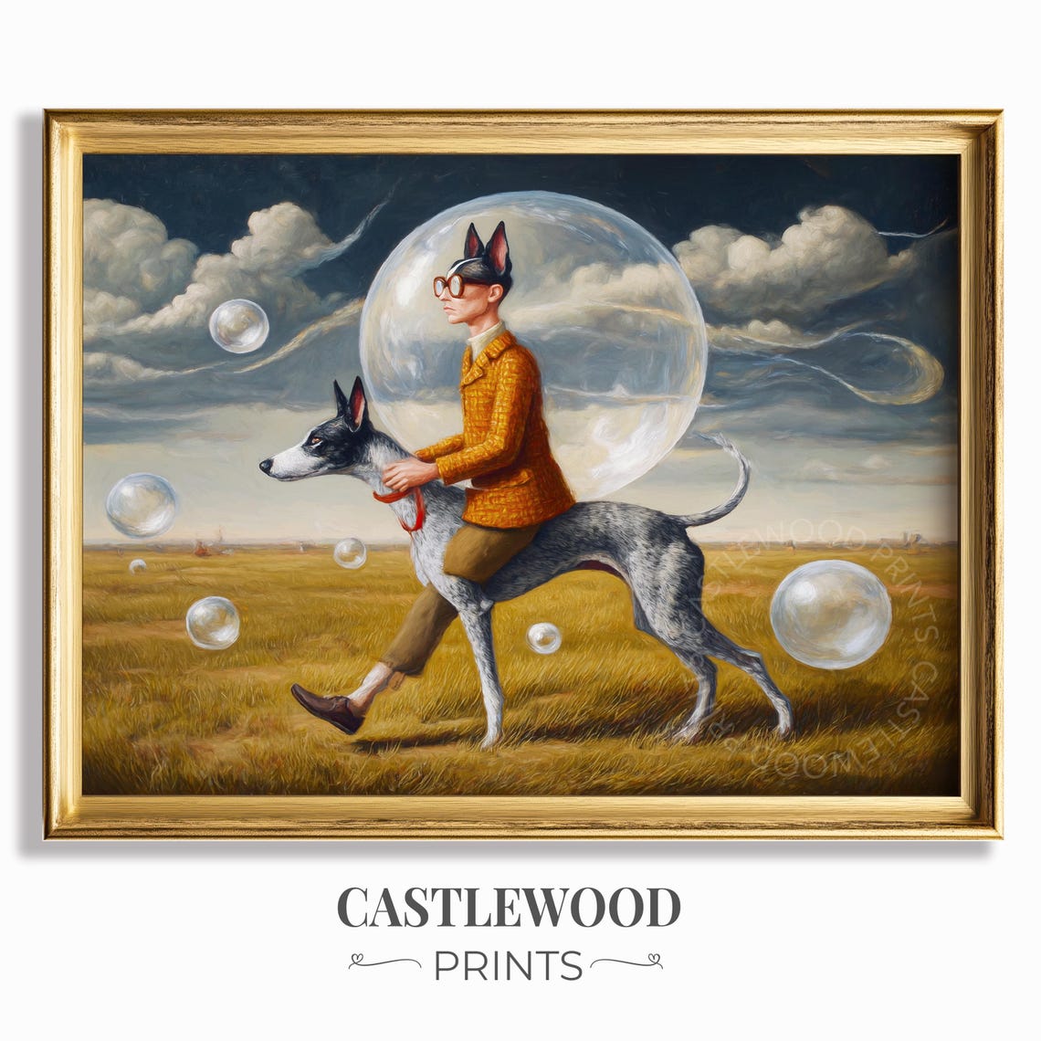 Surreal Man Riding Greyhound in Field with Giant Bubble Art Poster