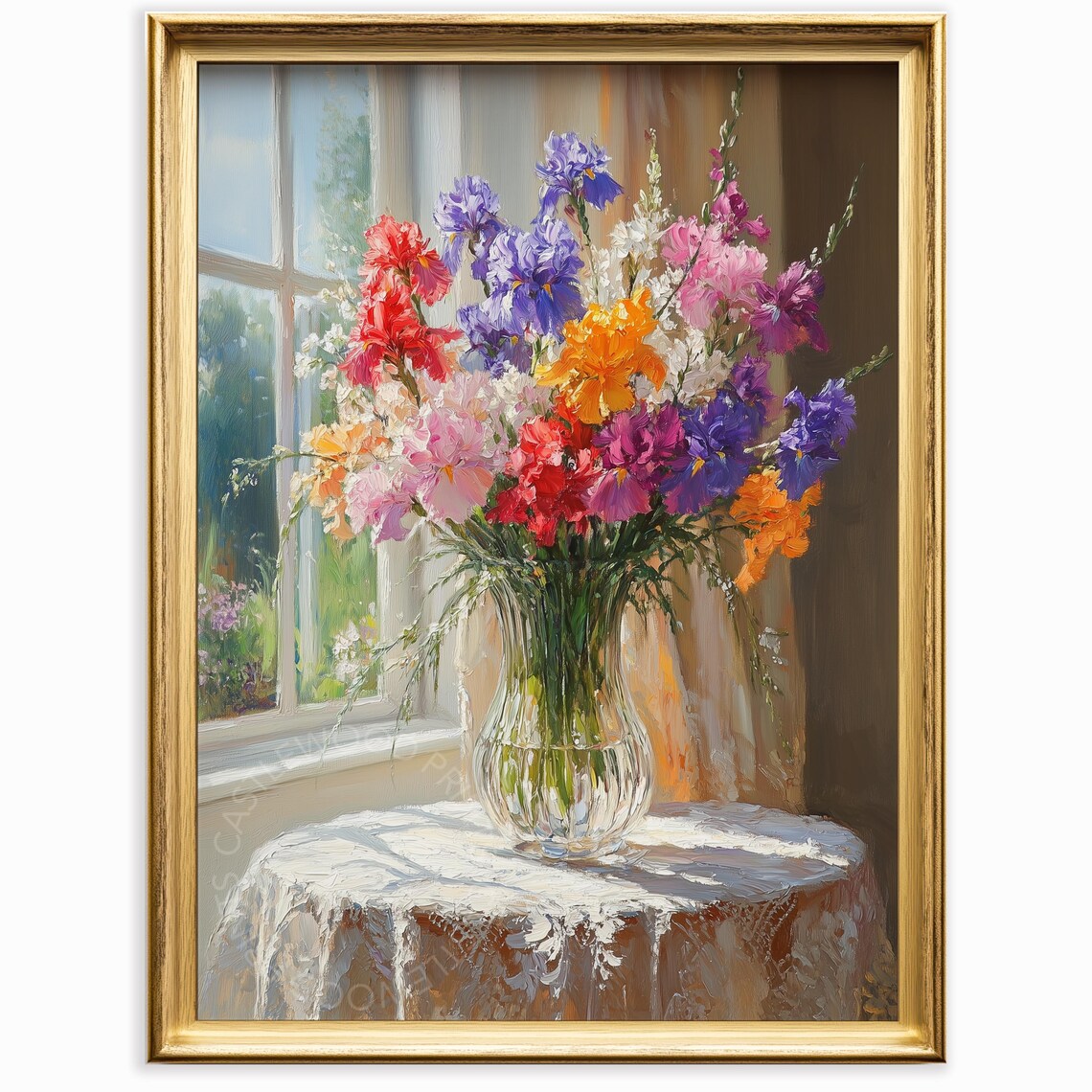 Oil Painting of Irises in Fluted Vase by Sunny Window Floral Poster