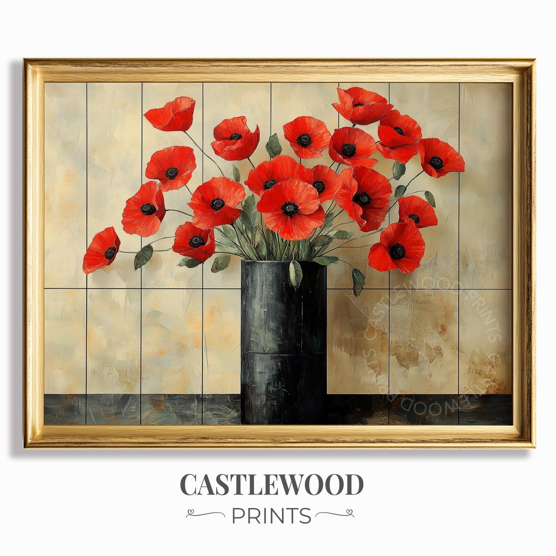 Red Poppies Painting Elegant Floral Art Wall Decor Bold Flower Arrangement Abstract Botanical Print 916