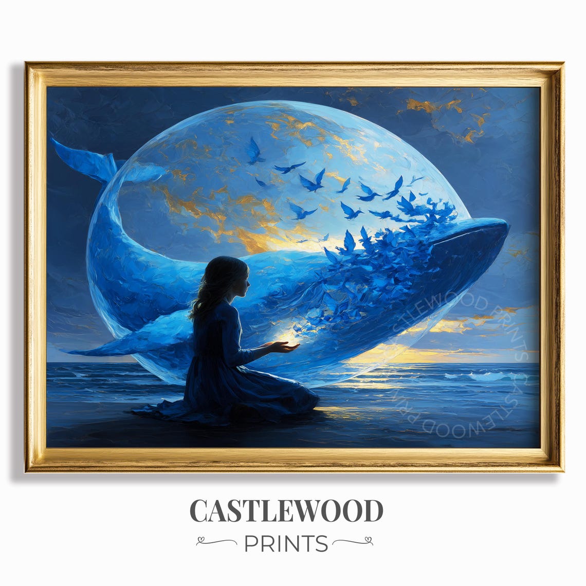 Woman With Whale in Moonlit Bubble Dreamlike Ocean Art Poster