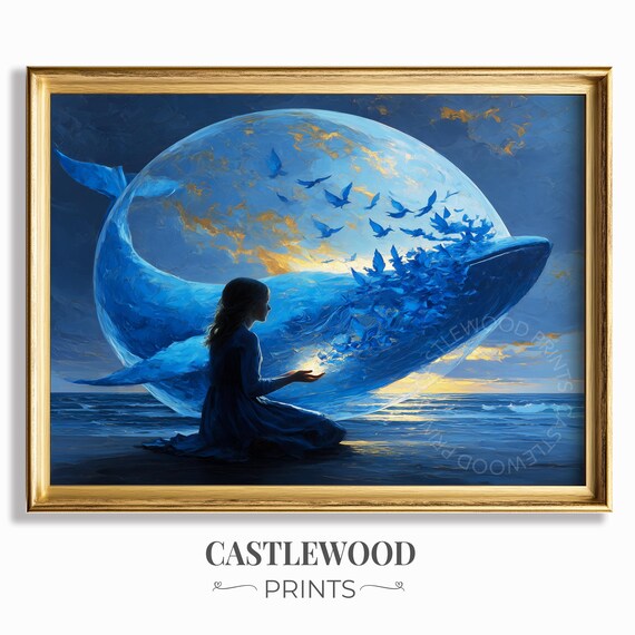 Surreal Ocean Dream Art Woman Inside Whale Mystic Night Scene Dreamy Fantasy Wall Decor Print 831