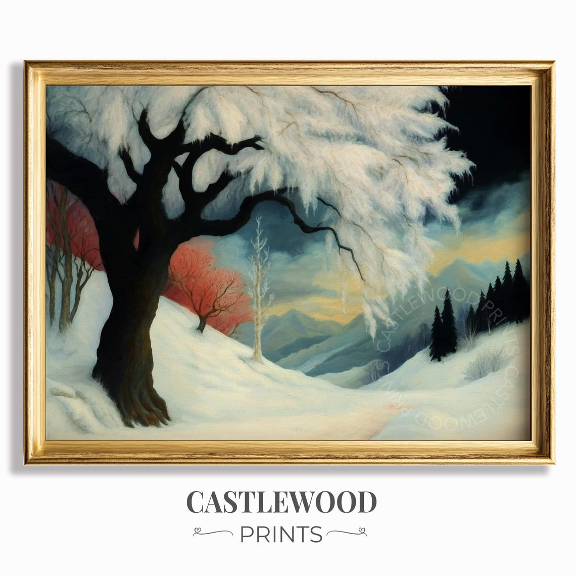 Frost Covered Tree Icicles Moody Winter Landscape Painting Poster