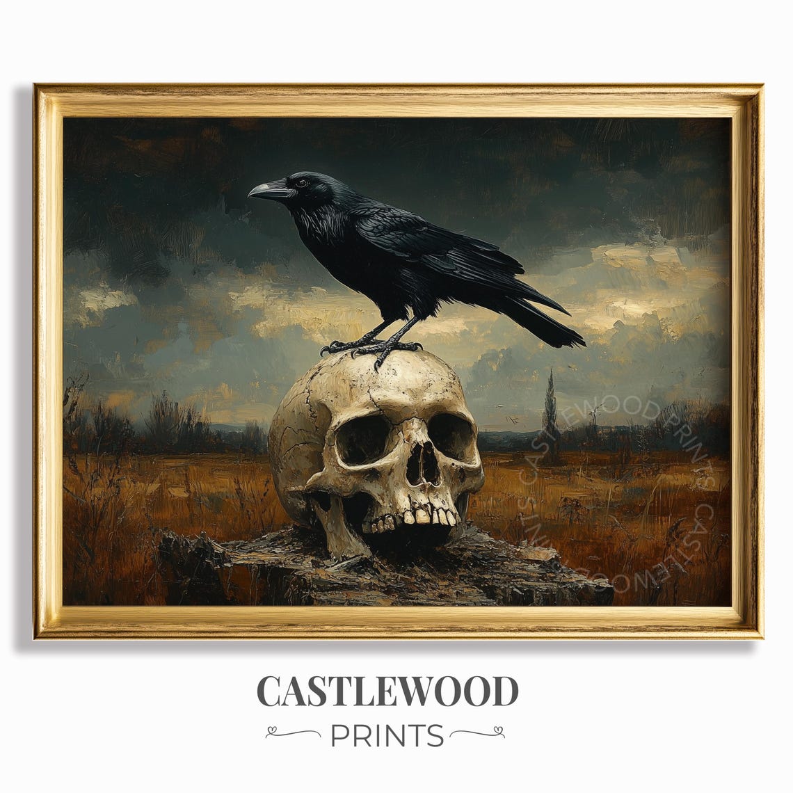 Black Raven Perched on a Human Skull Gothic Autumn Art Poster