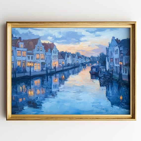 Moonlit Canal With Glowing Windows Dutch Waterside Oil Painting Poster