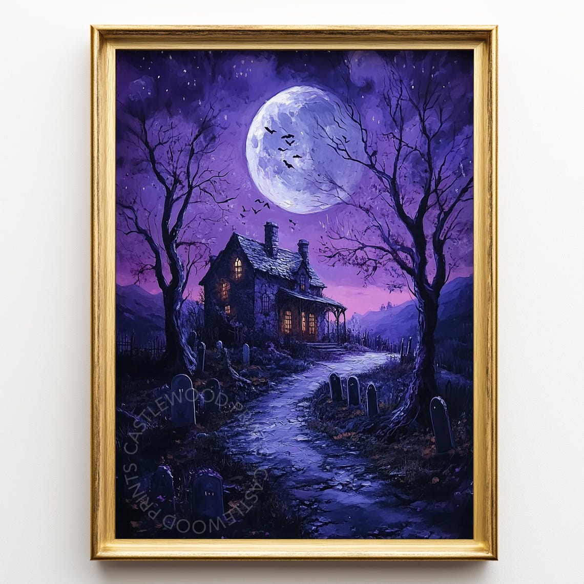 Moonlit Haunted House In Graveyard Spooky Halloween Scene Vintage Gothic Wall Art Dark Night Mystery Decor 177