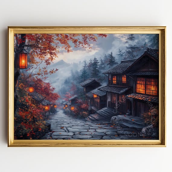 Autumn Evening In Kyoto Rustic Japanese Temple Town Stone Pathway Art Moody Fall Decor Wall Vintage Painting Print 375