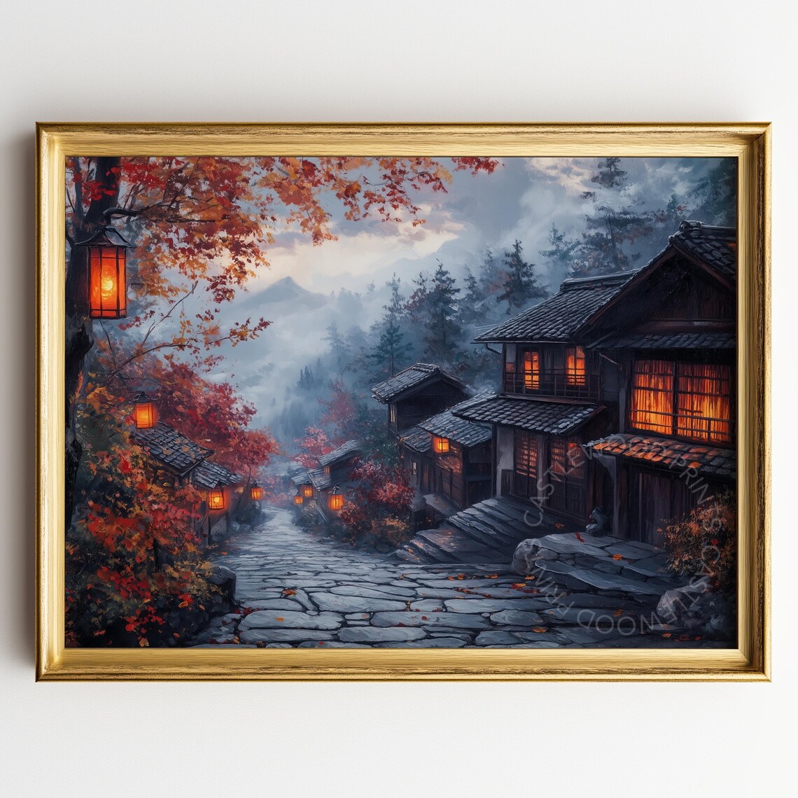 Autumn Kyoto Temple Street At Dusk With Lanterns And Stone Path Poster