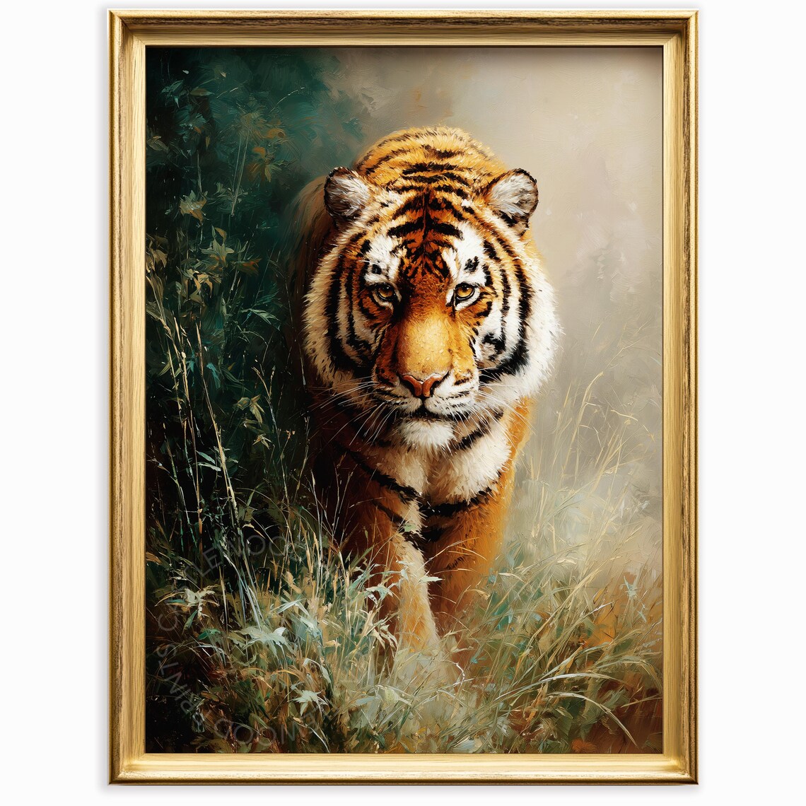 Bengal Tiger Walking Through Tall Grass Wildlife Oil Painting Poster
