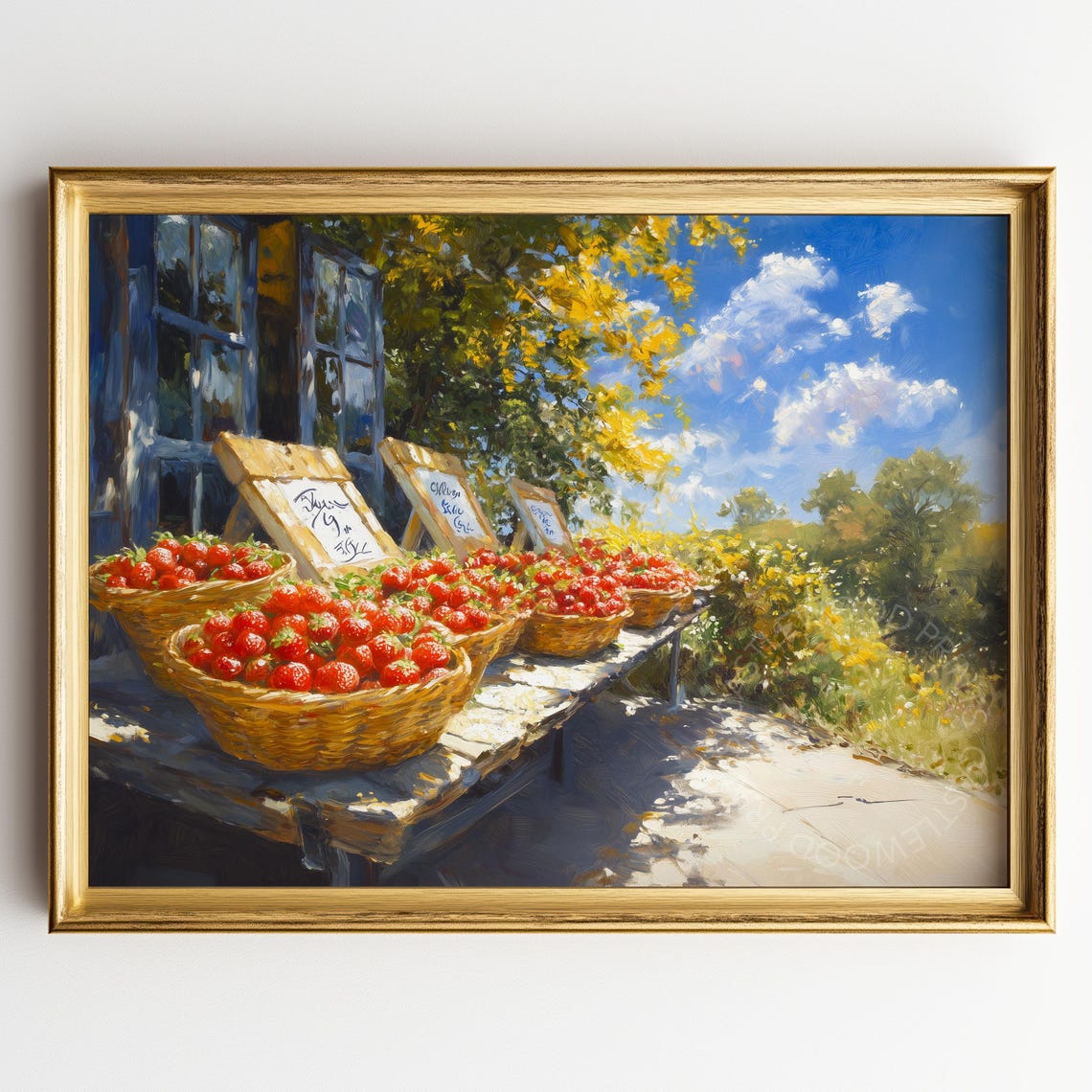 Sunlit Strawberry Market Stall Summer Impressionist Painting Poster