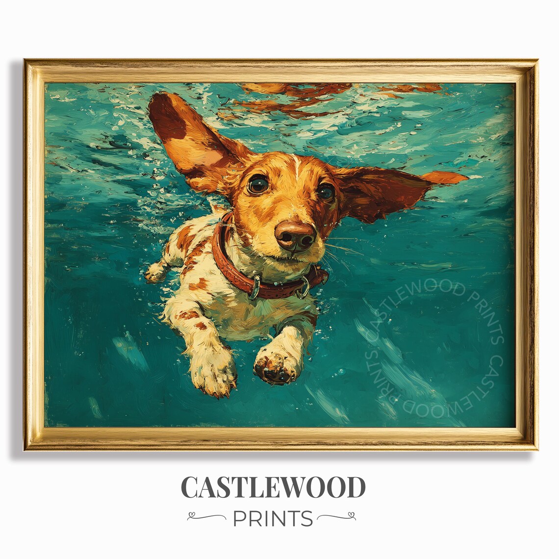 Tan Dachshund Swimming at the Surface Oil Painting Dog Poster