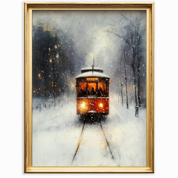 Winter Streetcar Oil Painting Moody Snowy City Scene Vintage Wall Art Rustic Urban Decor Wonderland 1033