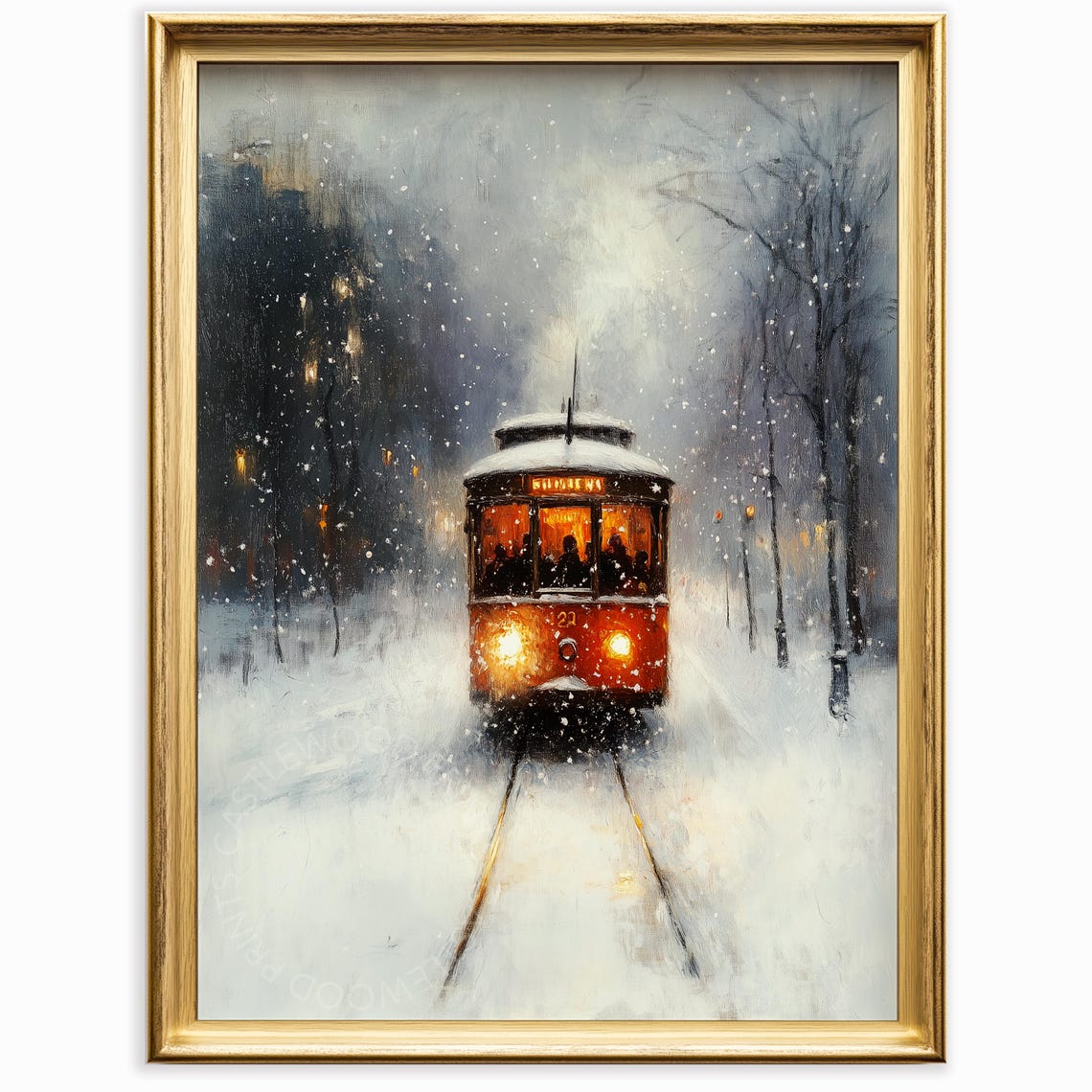 Winter Streetcar Oil Painting Moody Snowy City Scene Vintage Wall Art Rustic Urban Decor Wonderland 1033