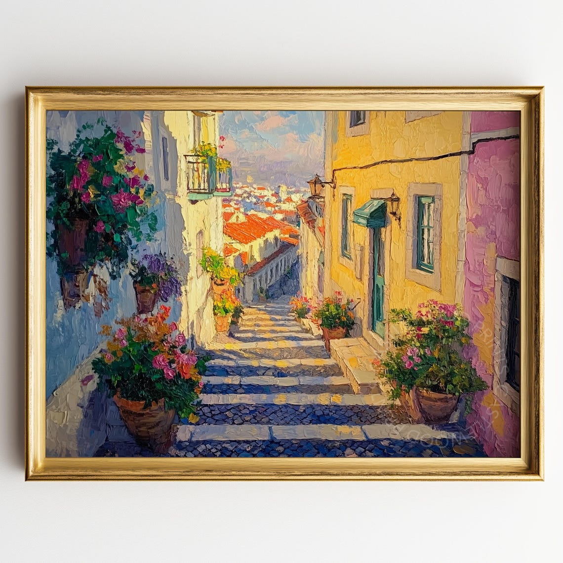 Lisbon Cobblestone Alleyway With Flowers Charming Cityscape Poster