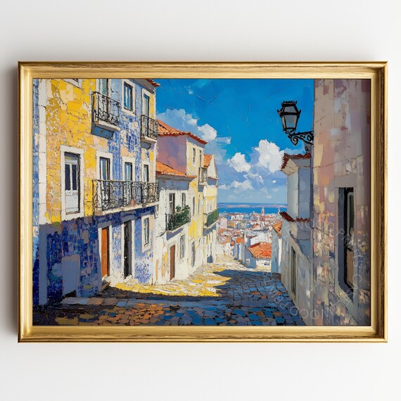 Sunny Lisbon Cobblestone Street With Colorful Tiled Houses Oil Poster