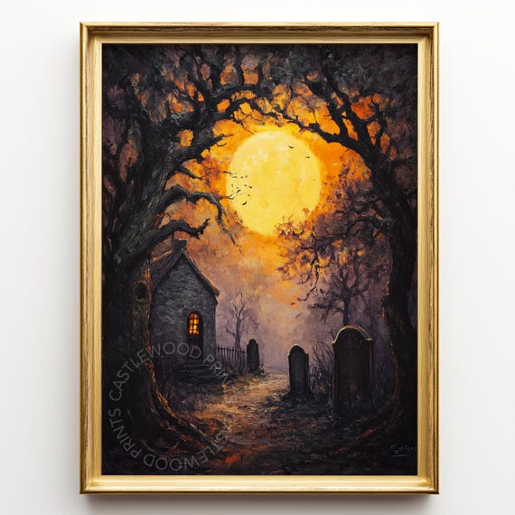 Haunted Graveyard At Night Spooky Halloween Decor Vintage Cemetery Art Moonlit Landscape Eerie Gothic Scene Painting 203