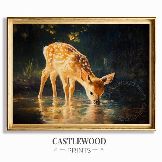Rustic Baby Deer In Sunlit Stream Wildlife Art Tranquil Forest Scene Nature Decor Country Style Wall 688