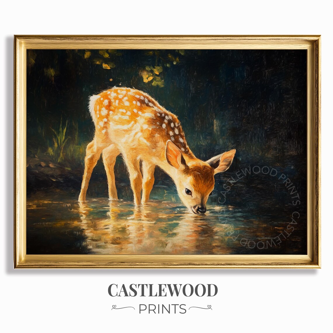 Baby Fawn Drinking Stream Forest Nursery Wildlife Oil Painting Wall Art