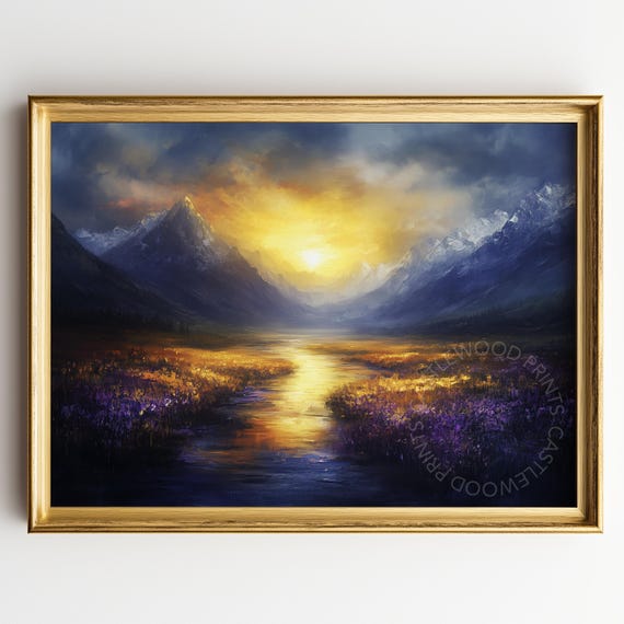 Ethereal Sunset On Mountain Lake Majestic Landscape Art Moody Scenic Wall Decor Golden Rays Painting 170