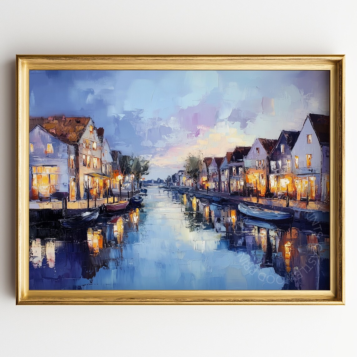 Dutch Canal Town at Twilight With Glowing Houses and Boats Oil Poster