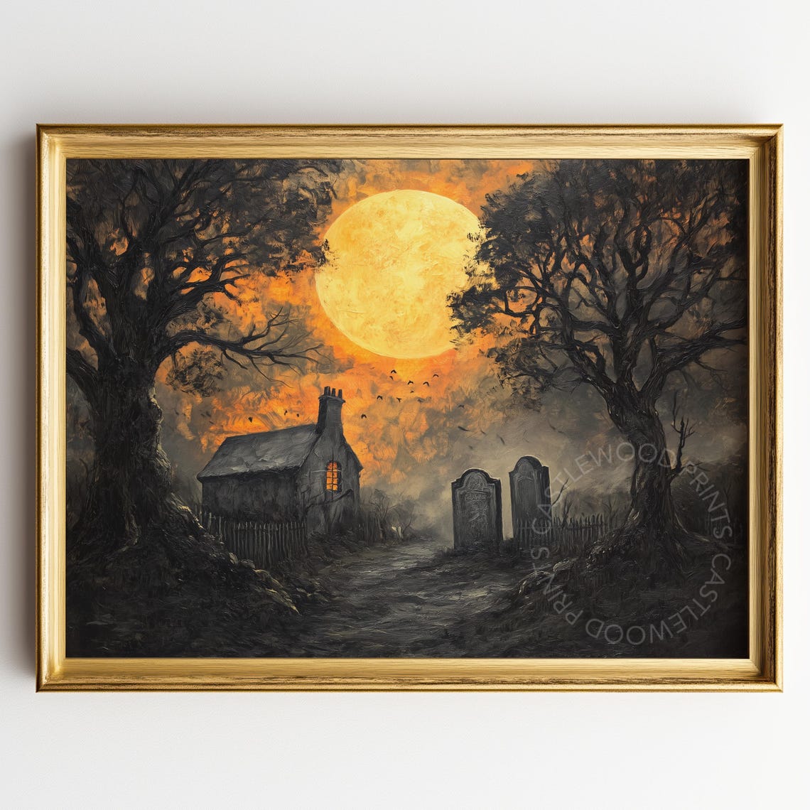 Haunted Cottage Under Giant Orange Moon Gravestones Night Poster