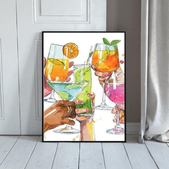 Colorful Cocktail Cheers Watercolor Art Print Vibrant Bar Illustration