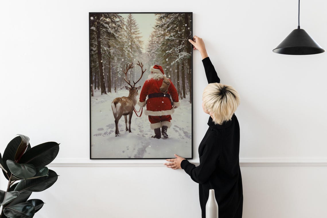 Santa Claus Walking with Reindeer in Snowy Forest Christmas Art Poster - Image 2