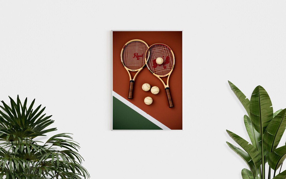 Vintage Wooden Tennis Rackets Crossed Clay Court Balls Sports Poster - Image 2