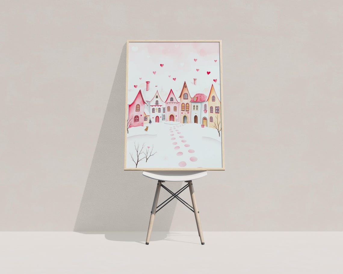 Pink Valentine Village Snowy Street Falling Hearts Watercolor Poster - Image 3