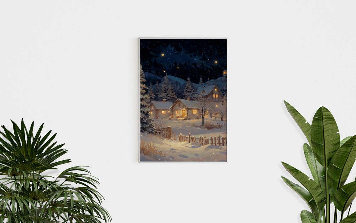 Snowy Village at Night with Glowing Windows and Starry Sky Poster - Image 3